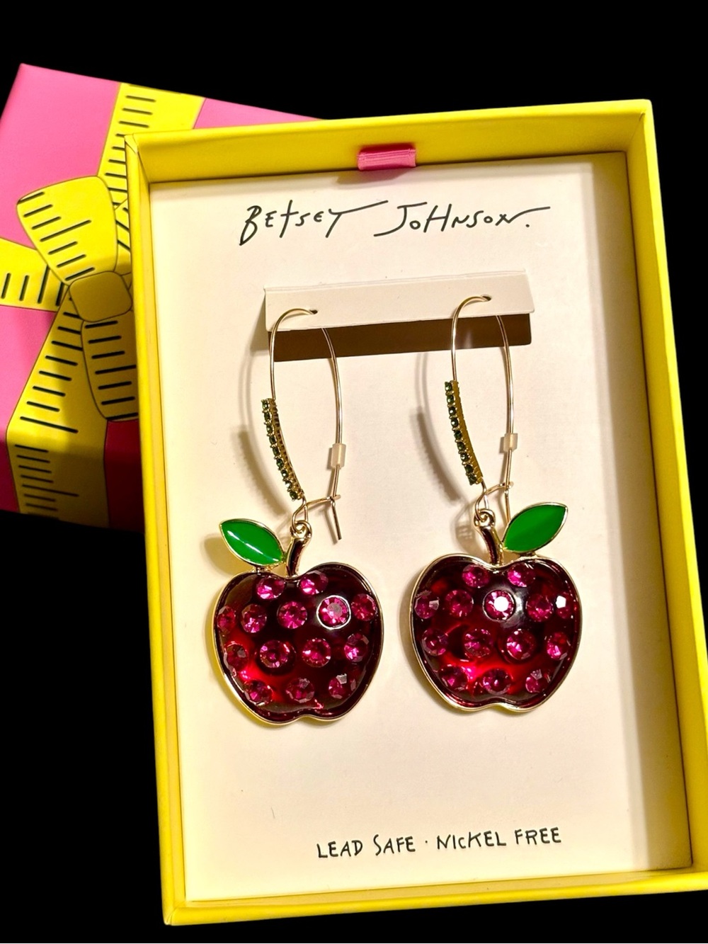 NWT•Betsey Johnson Red Crystal Apple Dangle Earrings